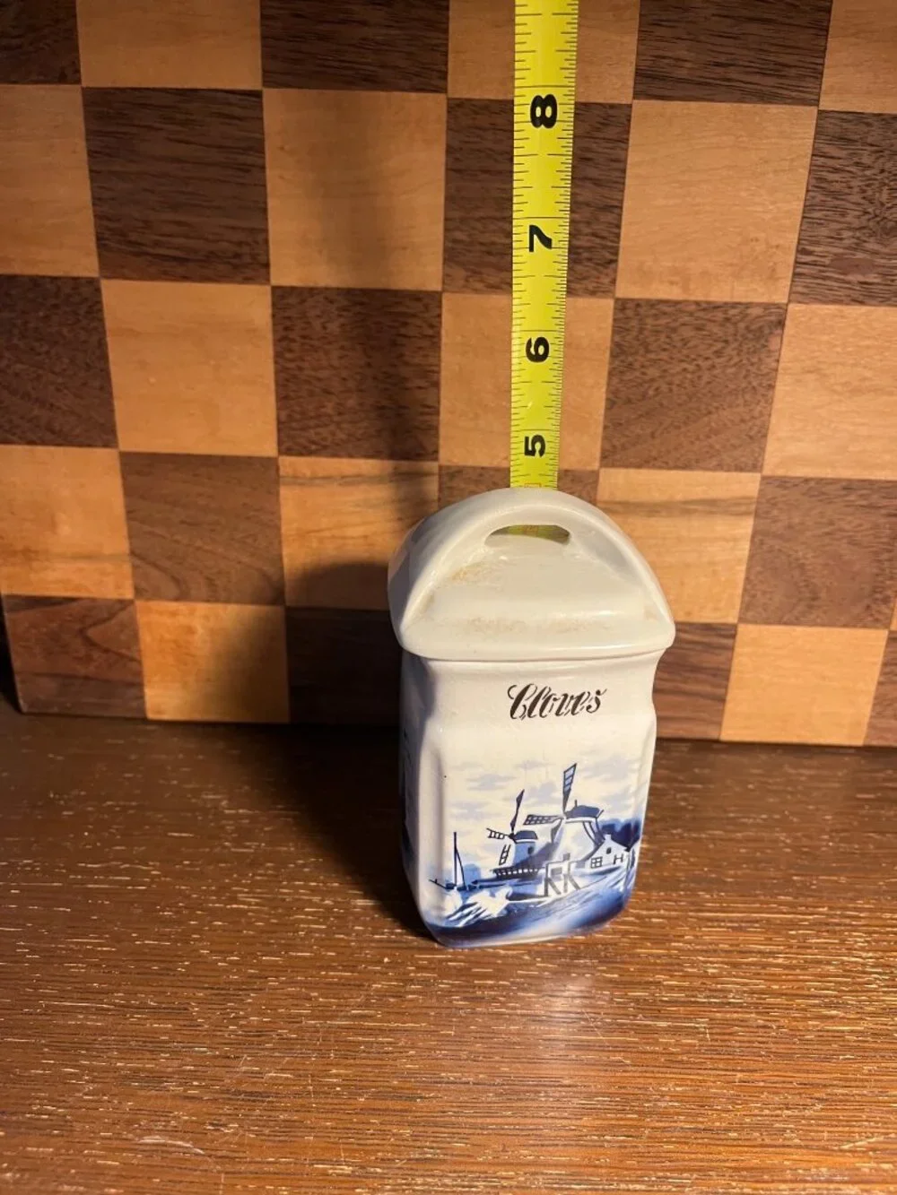 German Inga Delft Style Blue and White Cloves Canister A554, crack in corner of